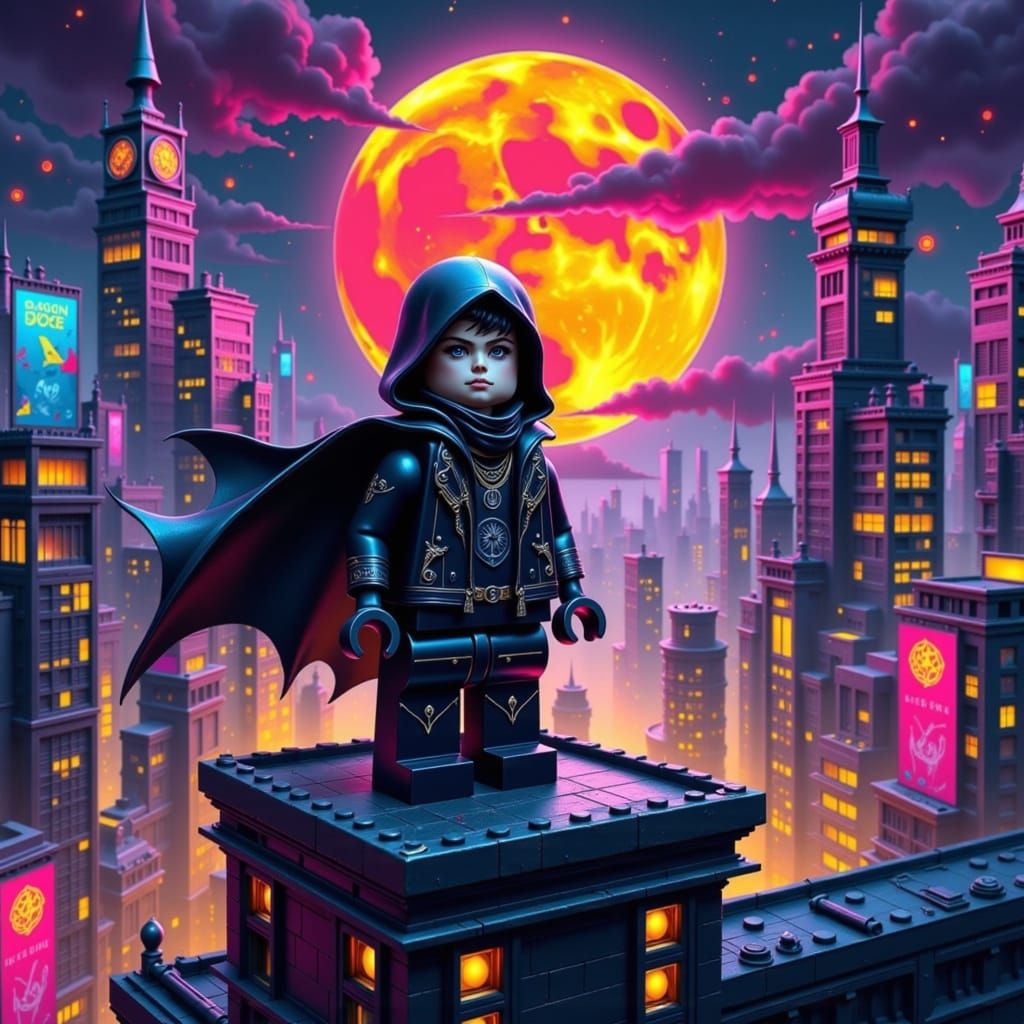 Cyberpunk Lego Elf Thief on Neon Rooftop