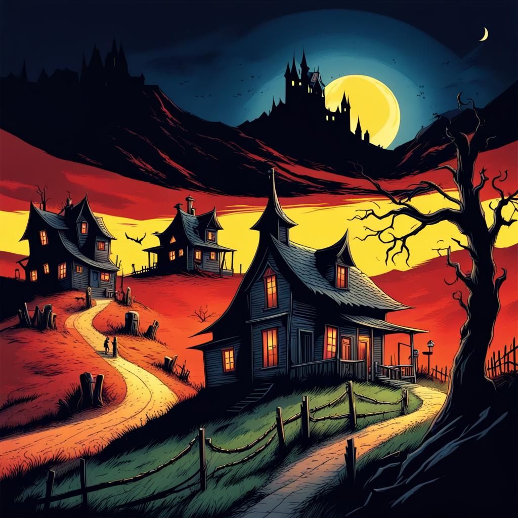 Creepy Dracula Castle Village in Comic Book Style