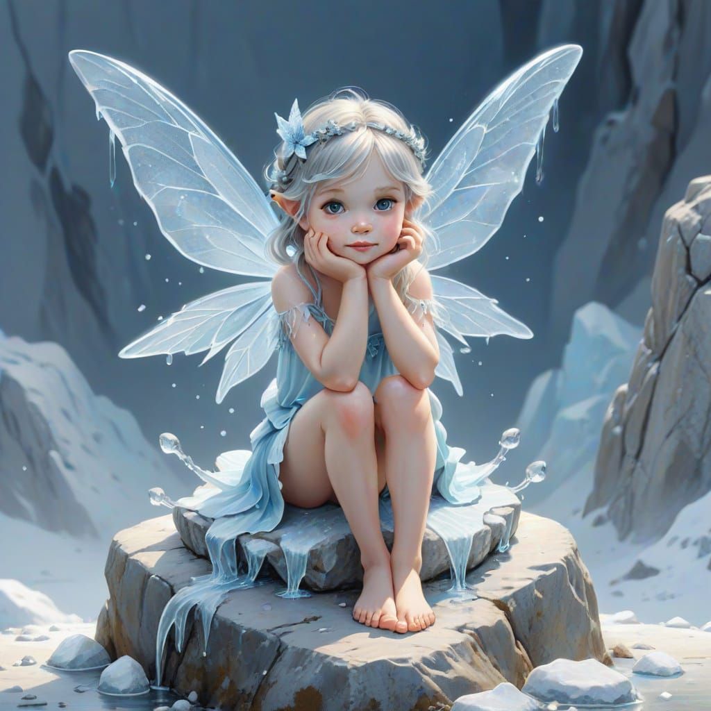 Cute Ice Fairy Sitting on Rock, Realistic Digital Painting