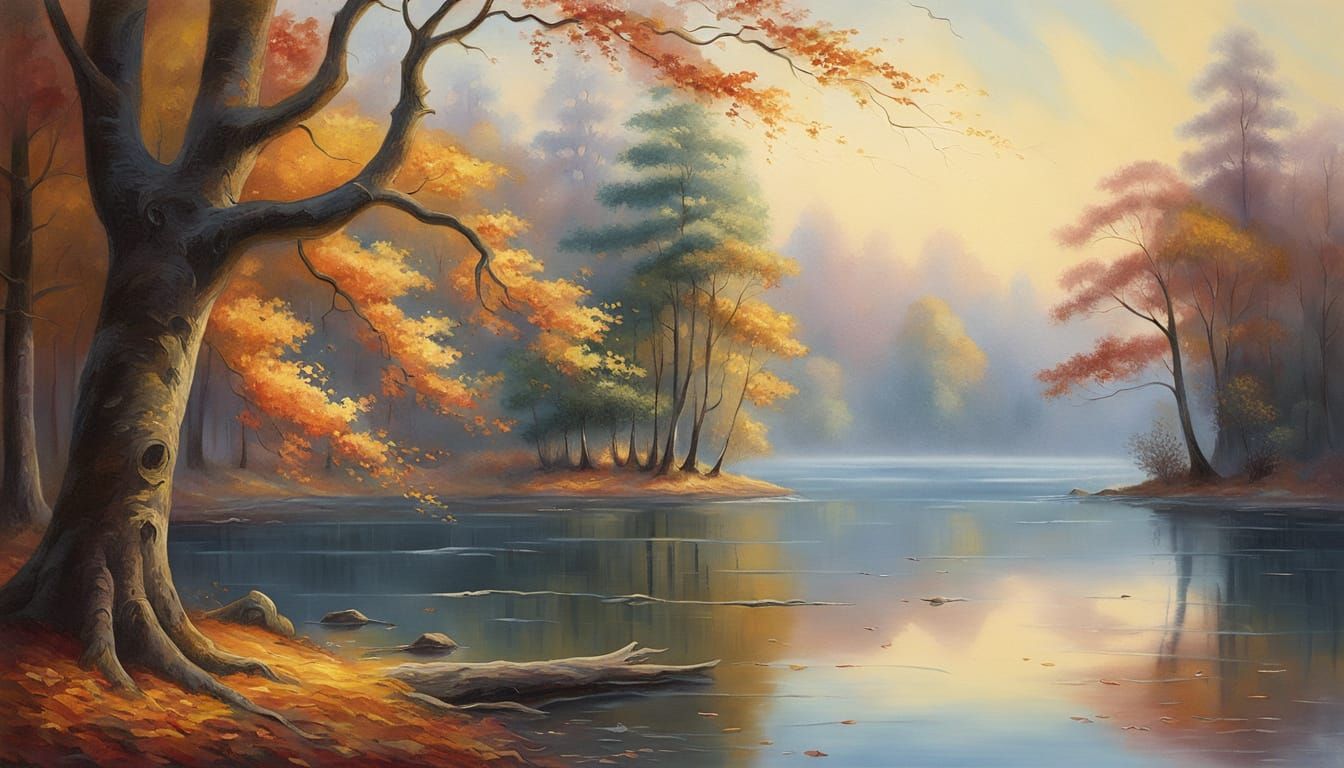 Autumn Lake Sunrise: Surreal Oil Painting