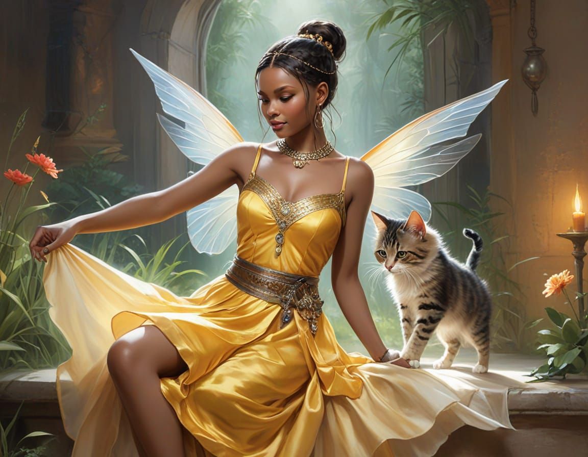 African Fairy with Tabby Cat, in Razumovskaya Style