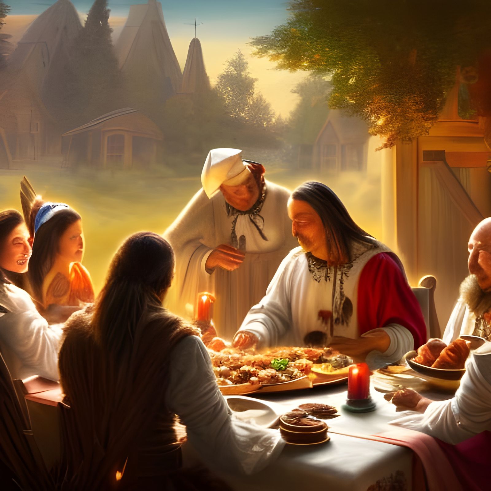 Pilgrims and American Indians Sharing Thanksgiving Meal