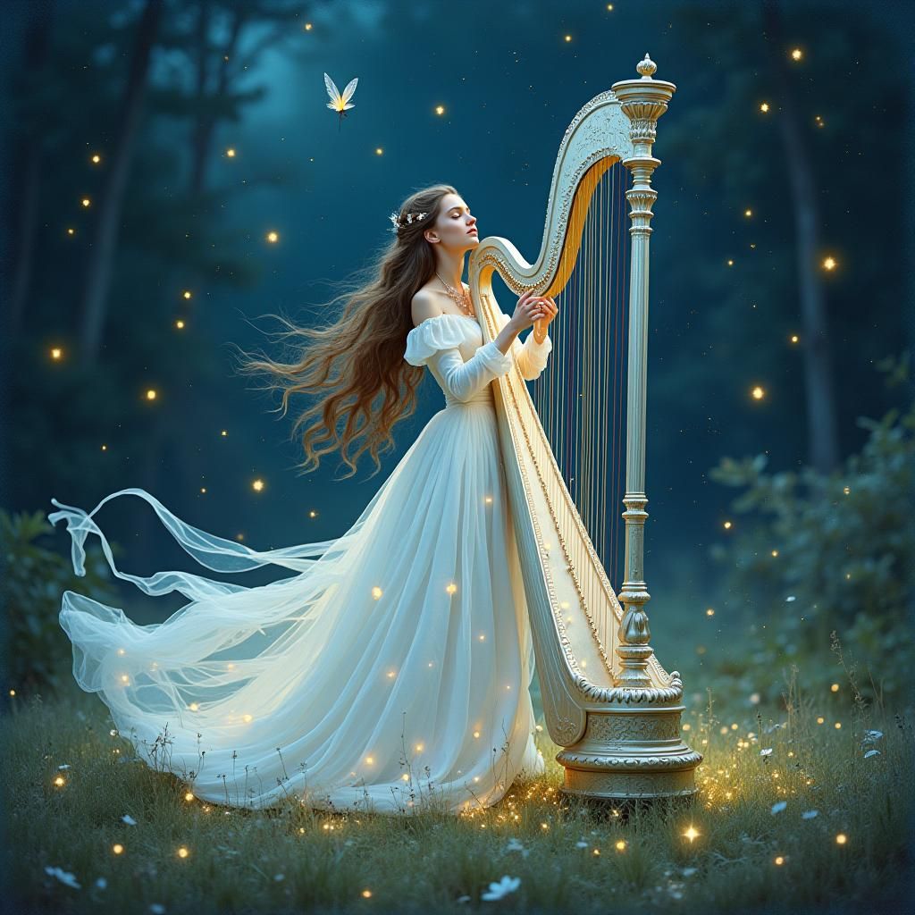 Enchanting Harp Melody in Dreamy Forest Clearing