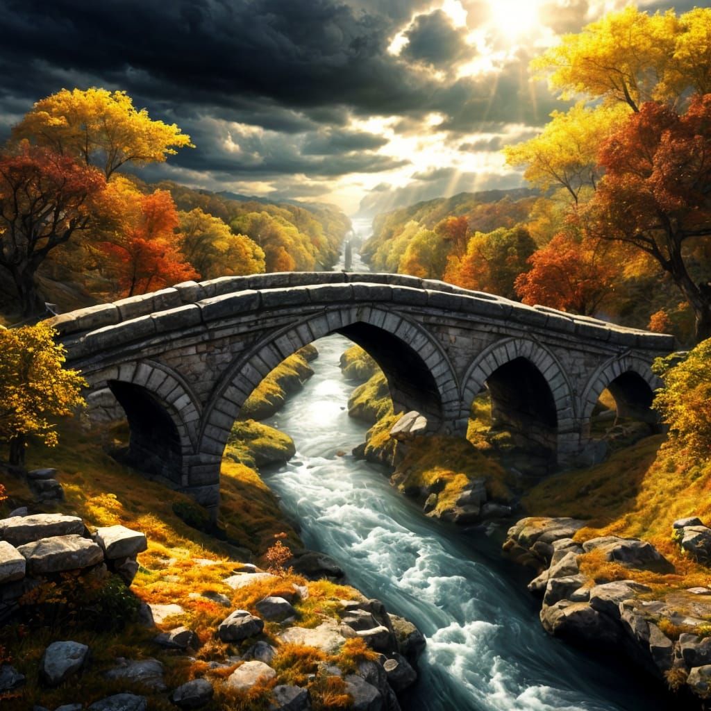 Aerial View of Ancient Stone Bridge in Autumn