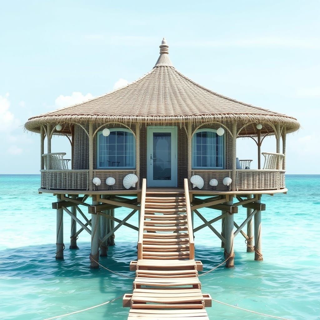 Wicker Seaside House on Stilts in Pastel Colors