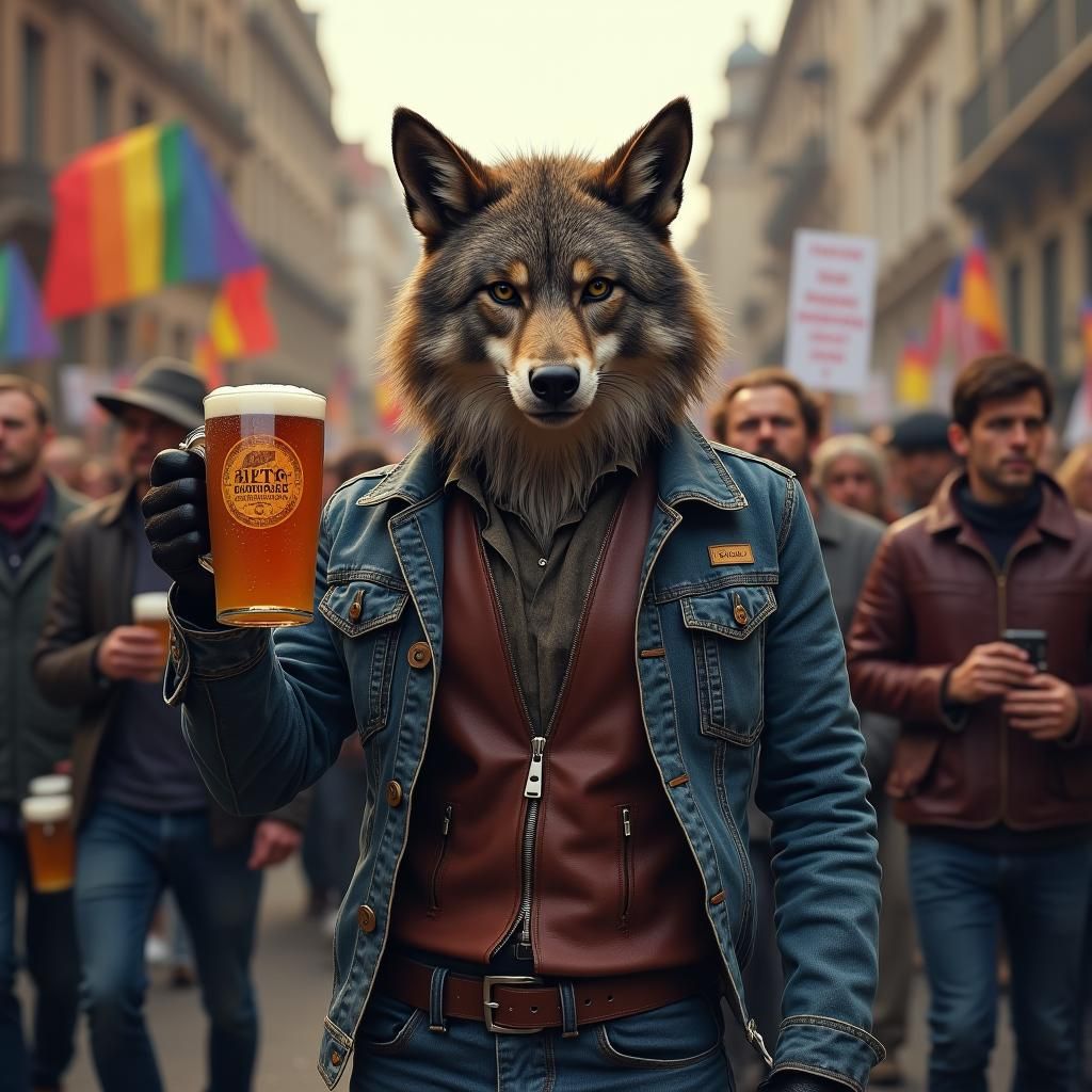 Humanlike Wolf at Protest with Beer, Matte Painting