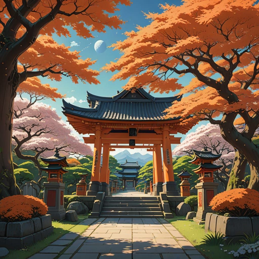 Shinto Shrine temple scenery orange blossom in tree