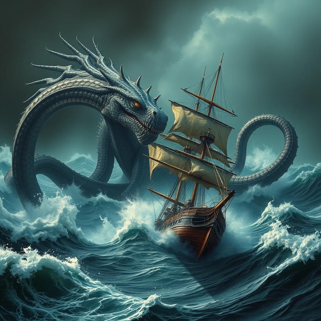 Sea Dragon vs. Cthulhu in Dark Fantasy Style
