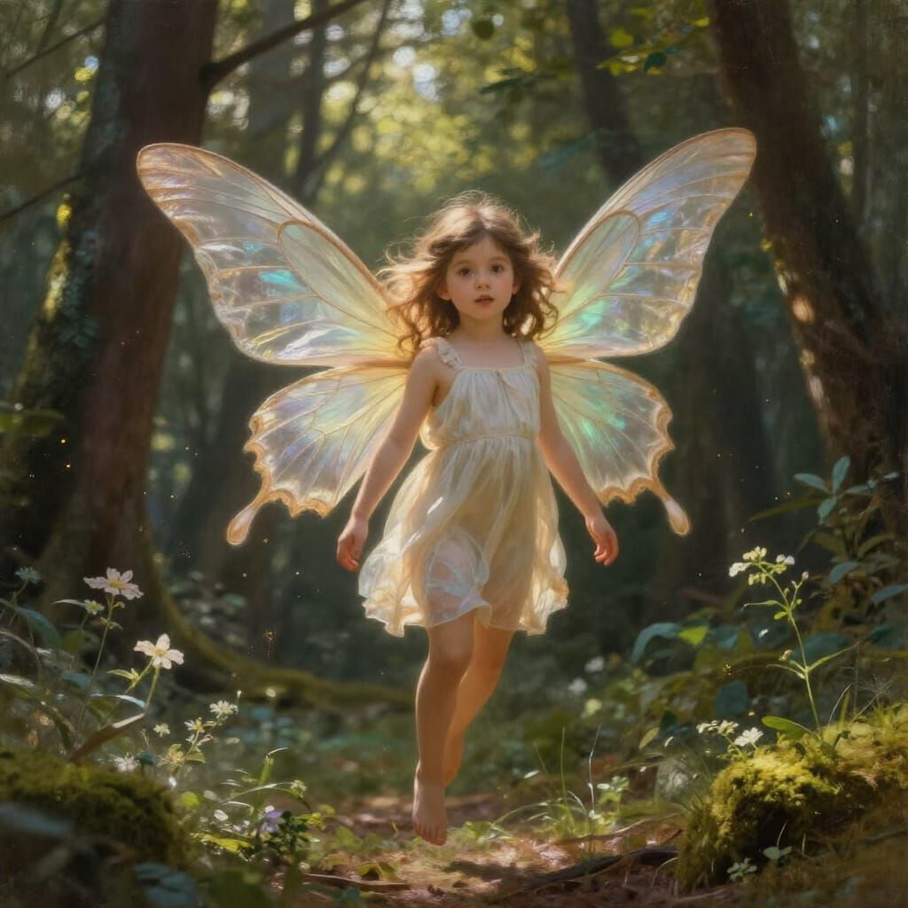 Enchanting Girl With Butterfly Wings in Sunlit Forest