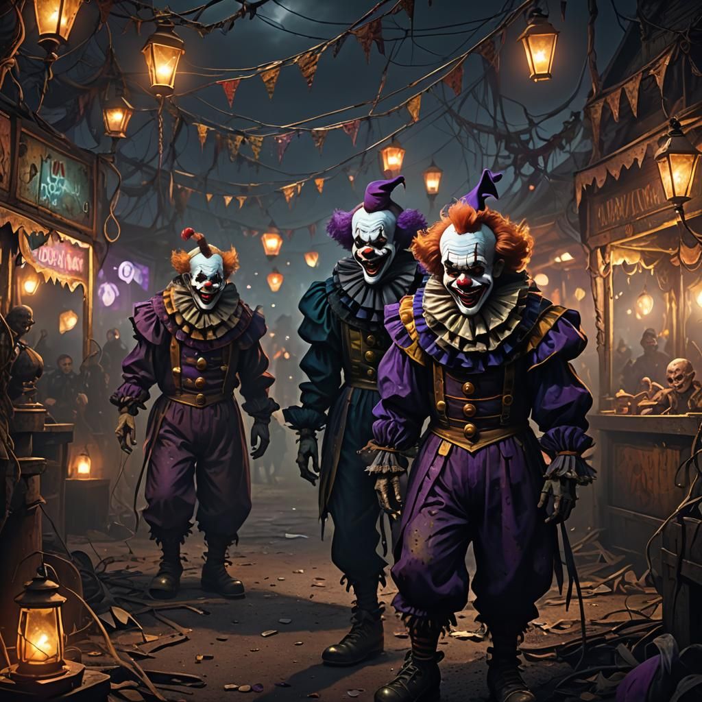Creepy Clowns in Twisted Carnival: Dark Fantasy Art