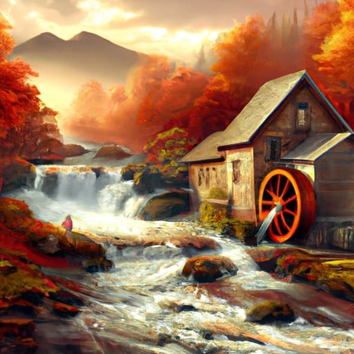 Autumn River Valley House with Waterwheel