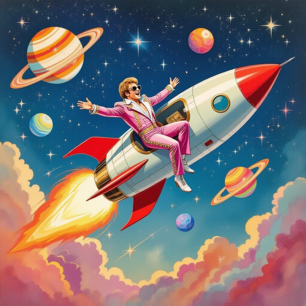 Rocket Man's Cosmic Voyage in Watercolor Style