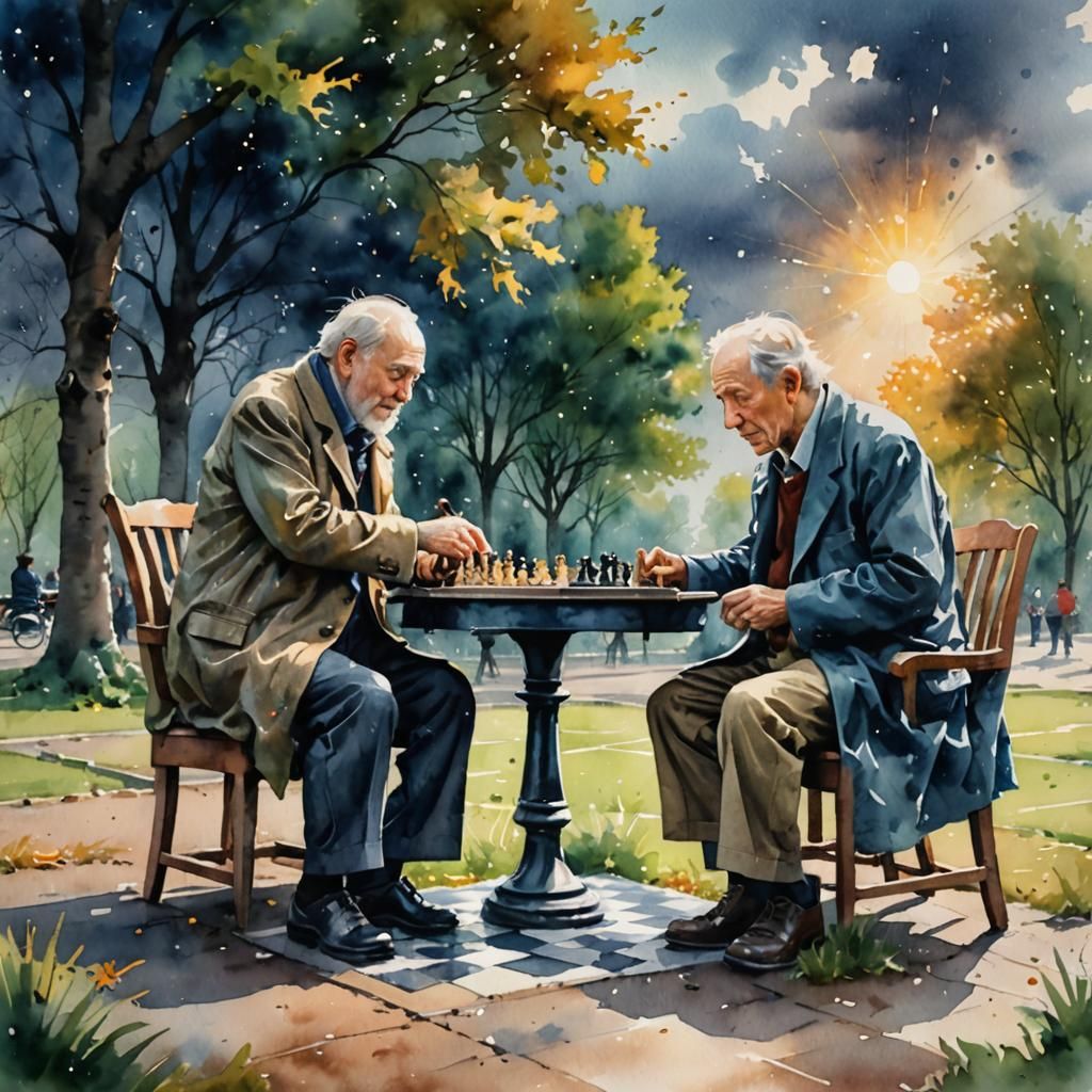 Chess Game in the Park: Watercolor Illustration