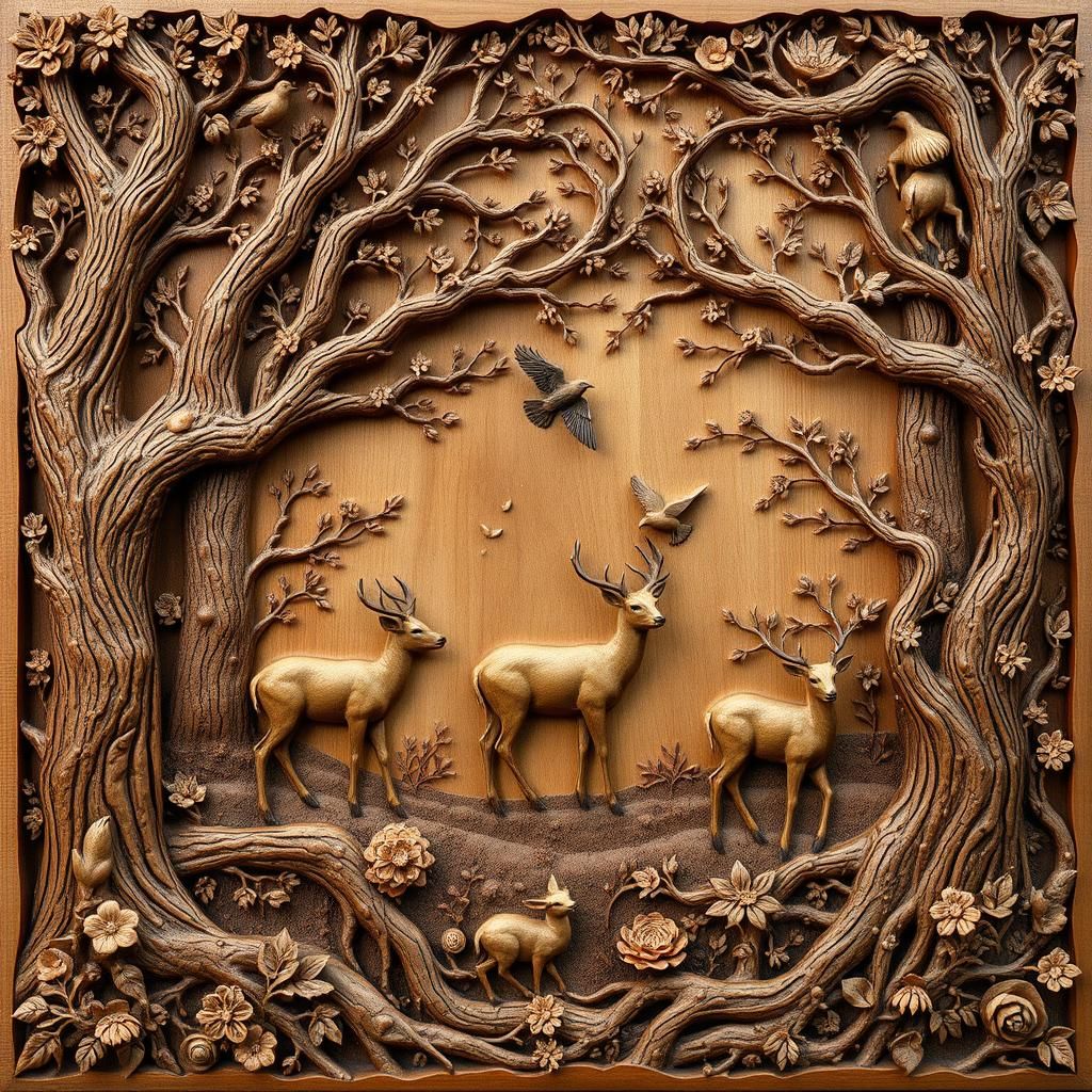 Detailed Wood Carving of Forest Scene with Deer