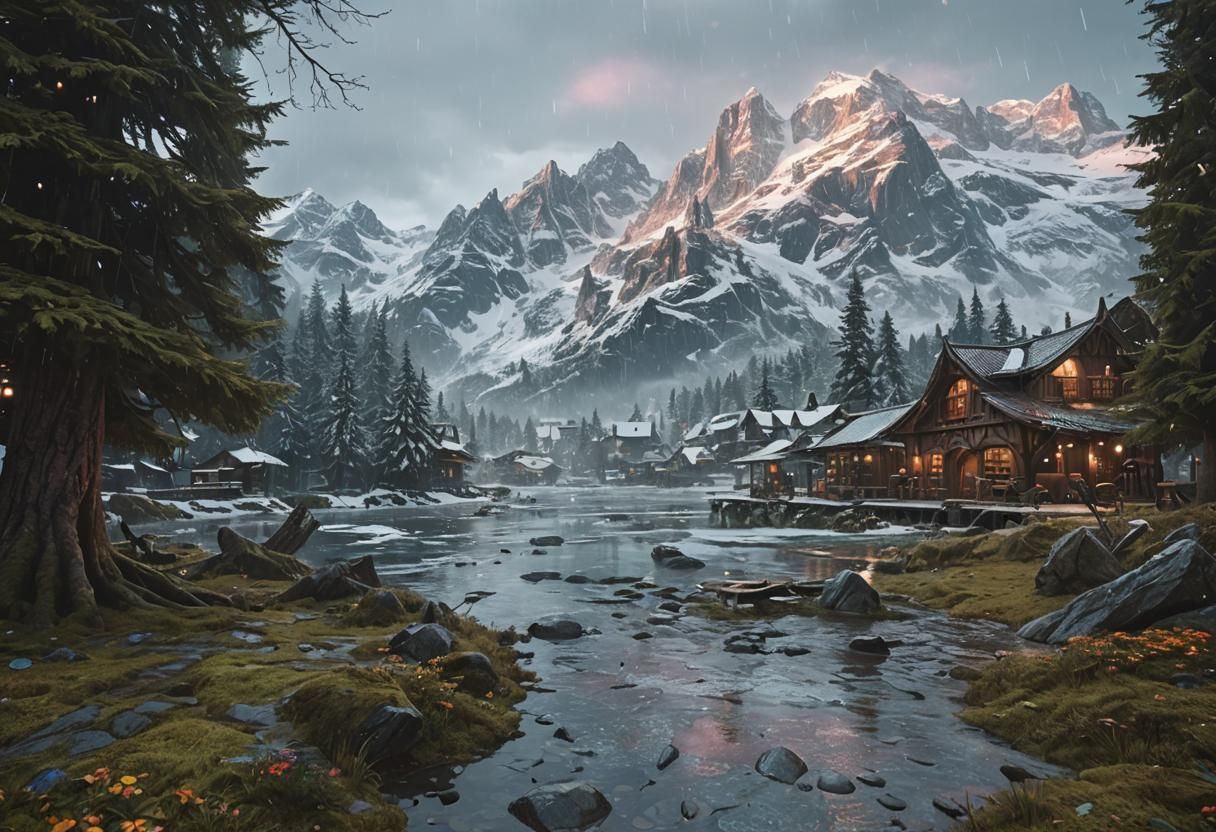 Bioluminescent Bookstore in Alps: Fantasy Art Deco