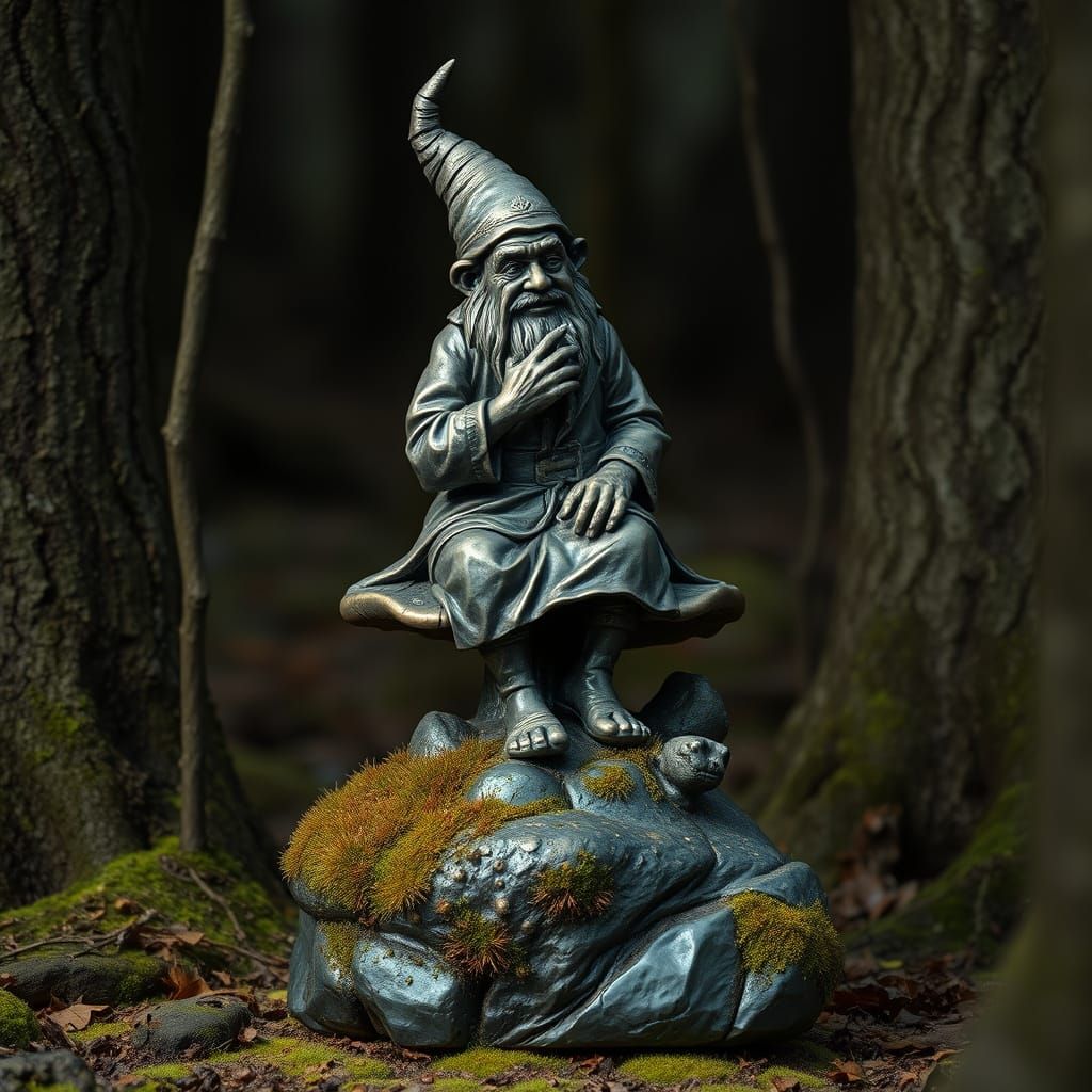 Bronze Gnome Statue in Dark Fantasy Forest
