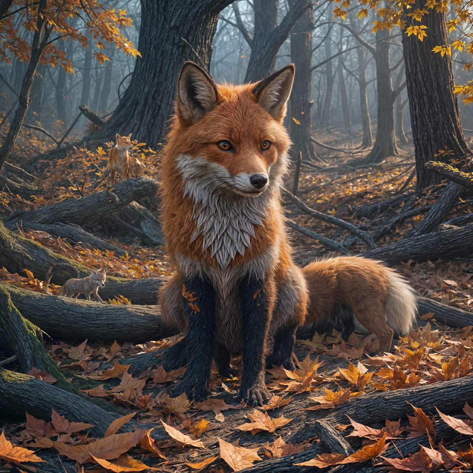 Three-Tailed Fox in Fall, Paper Collage Style
