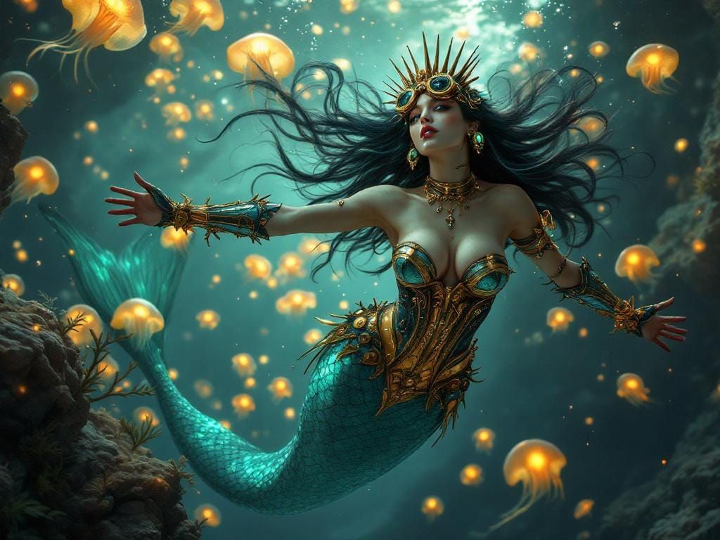Steampunk Mermaid in Bioluminescent Ocean, Digital Art