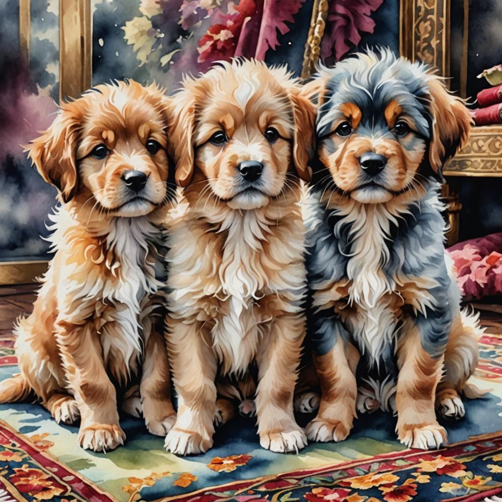 Cute Puppies in a Romantic Watercolor Art Deco Style