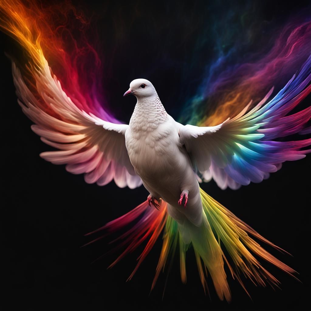 Dove in Flight with Rainbow Trails