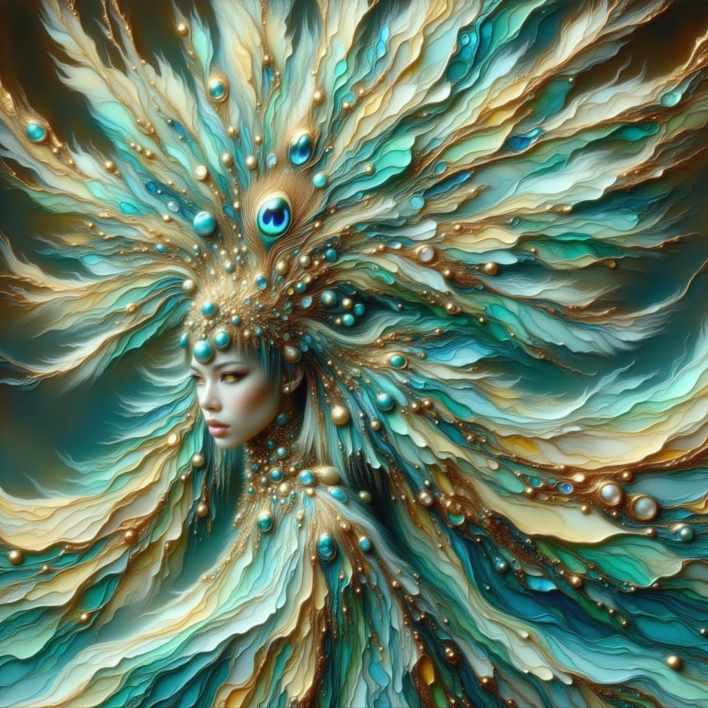 Peacock Woman in Teal and Gold Couture