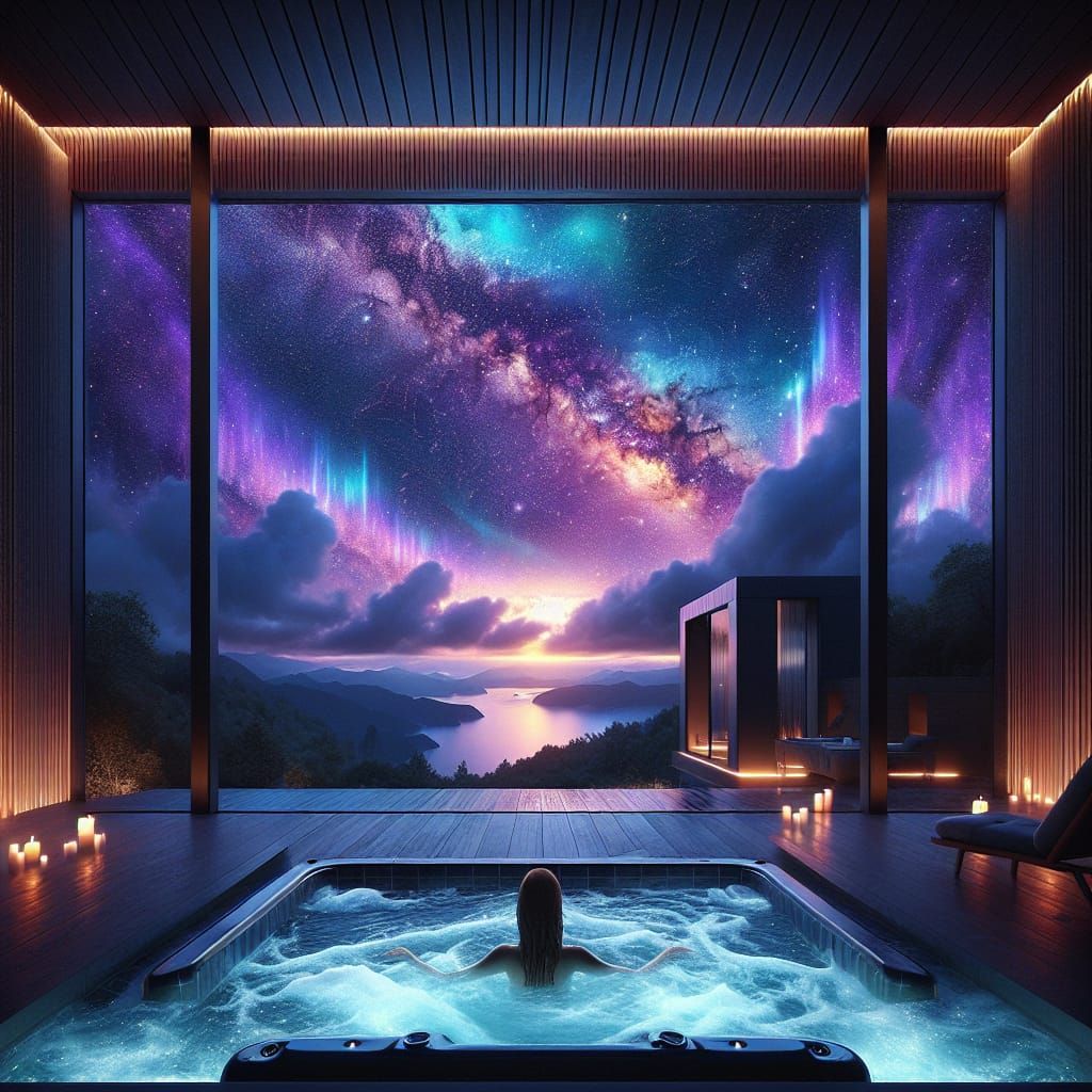 Luxury Home Hot Tub View: Hyperrealistic Nightscape