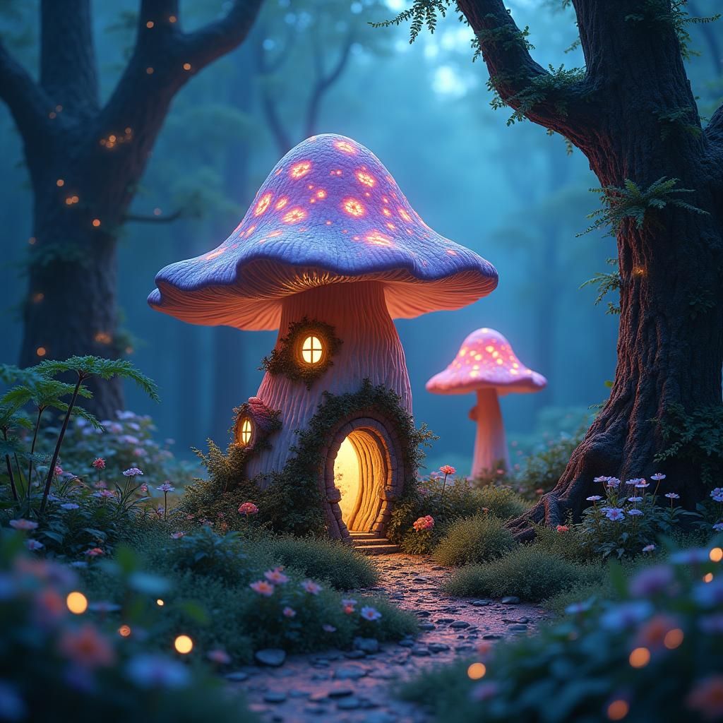 Enchanted Bioluminescent Forest Fairy Mushroom House