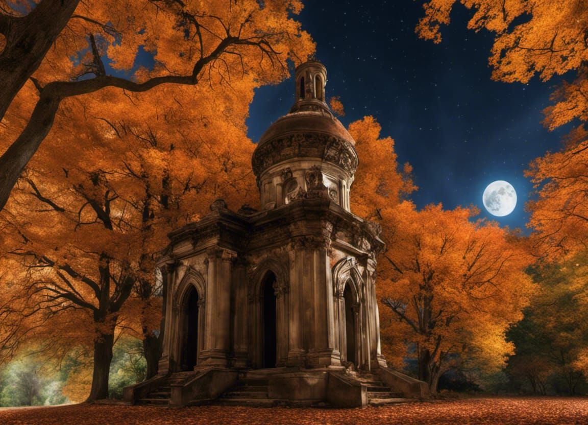 Gothic Mausoleum in Tim Burton Style Autumn Landscape