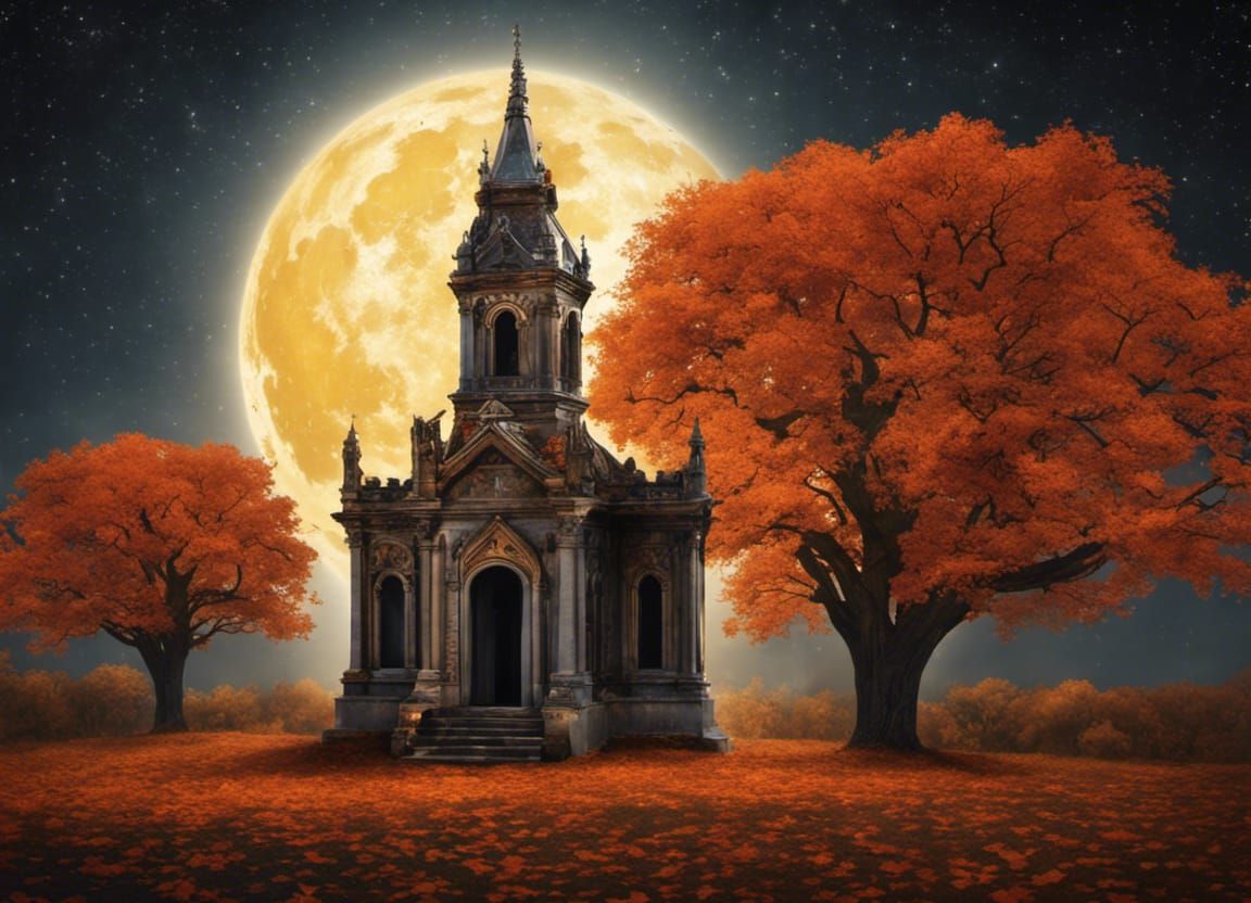 Gothic Mausoleum in Tim Burton Style Autumn Landscape
