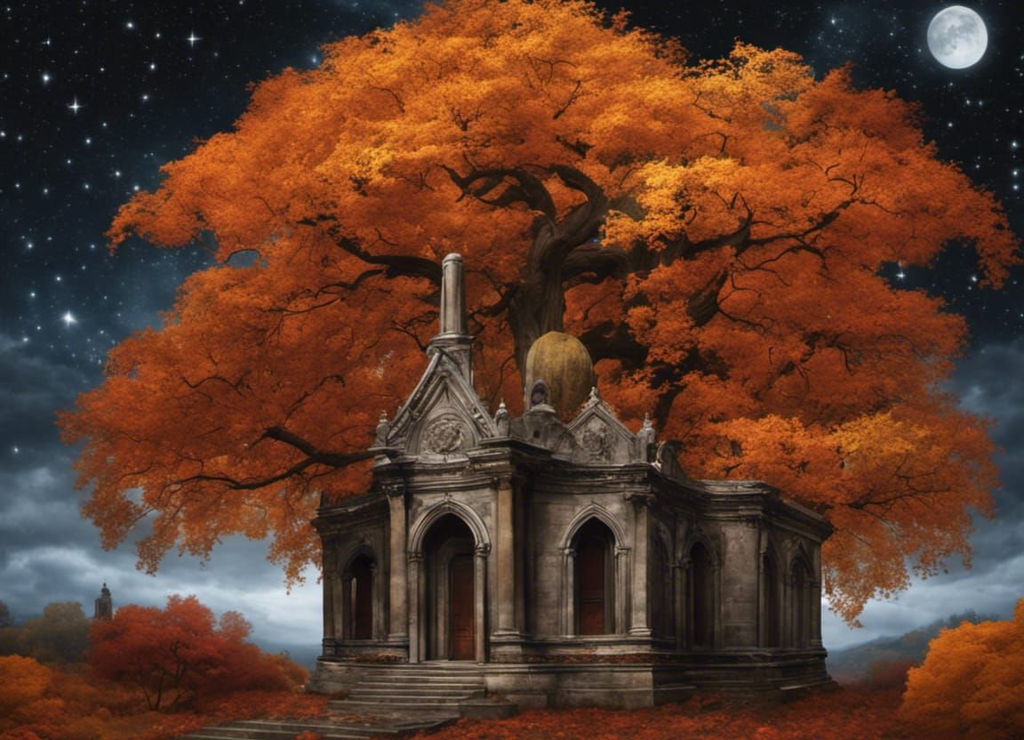 Gothic Mausoleum in Autumn Landscape, Tim Burton Style
