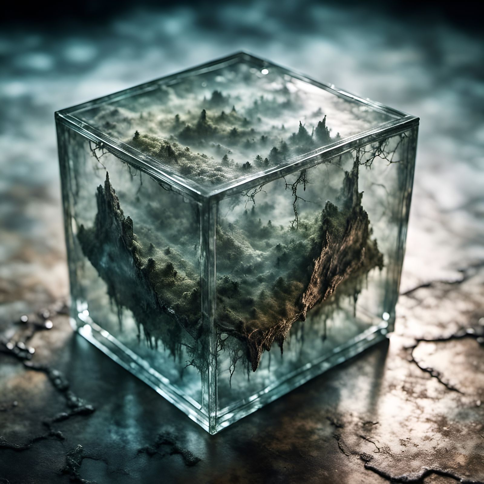 Misted Glass Cube with Detailed Map Etchings
