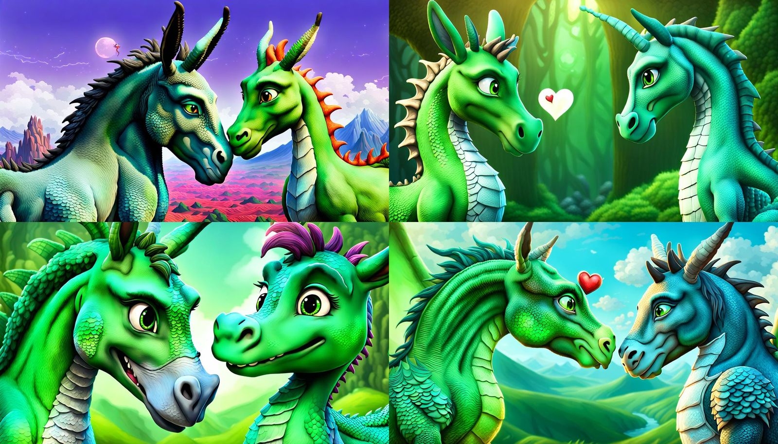 A little gray male donkey and a green female dragon, obvious...