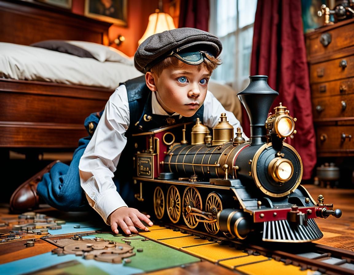 Steampunk Train and Boy: Hyperrealistic Splash Art