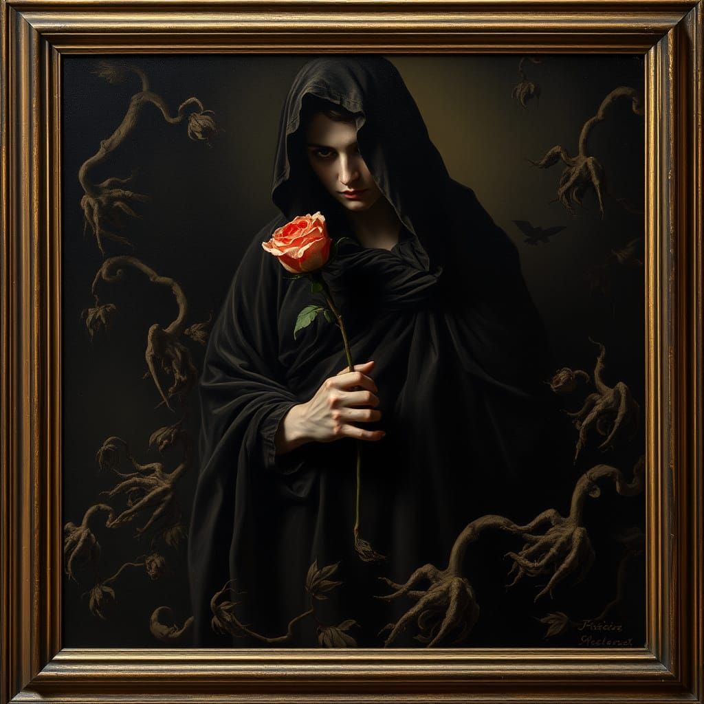 Allegorical Figure with Wilting Rose in Dark Romantic Style