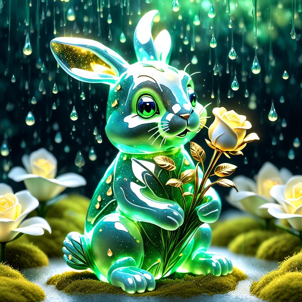 Glass Bunny in Diamond with Glowing Rose