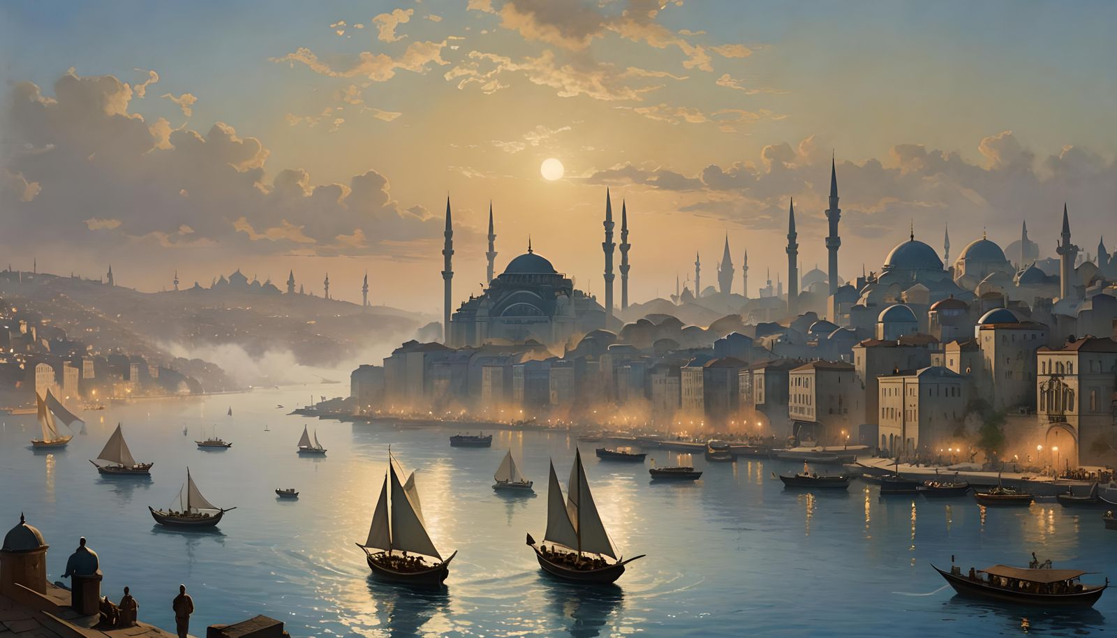 Orientalist Istanbul Cityscape at Dawn in Watercolor