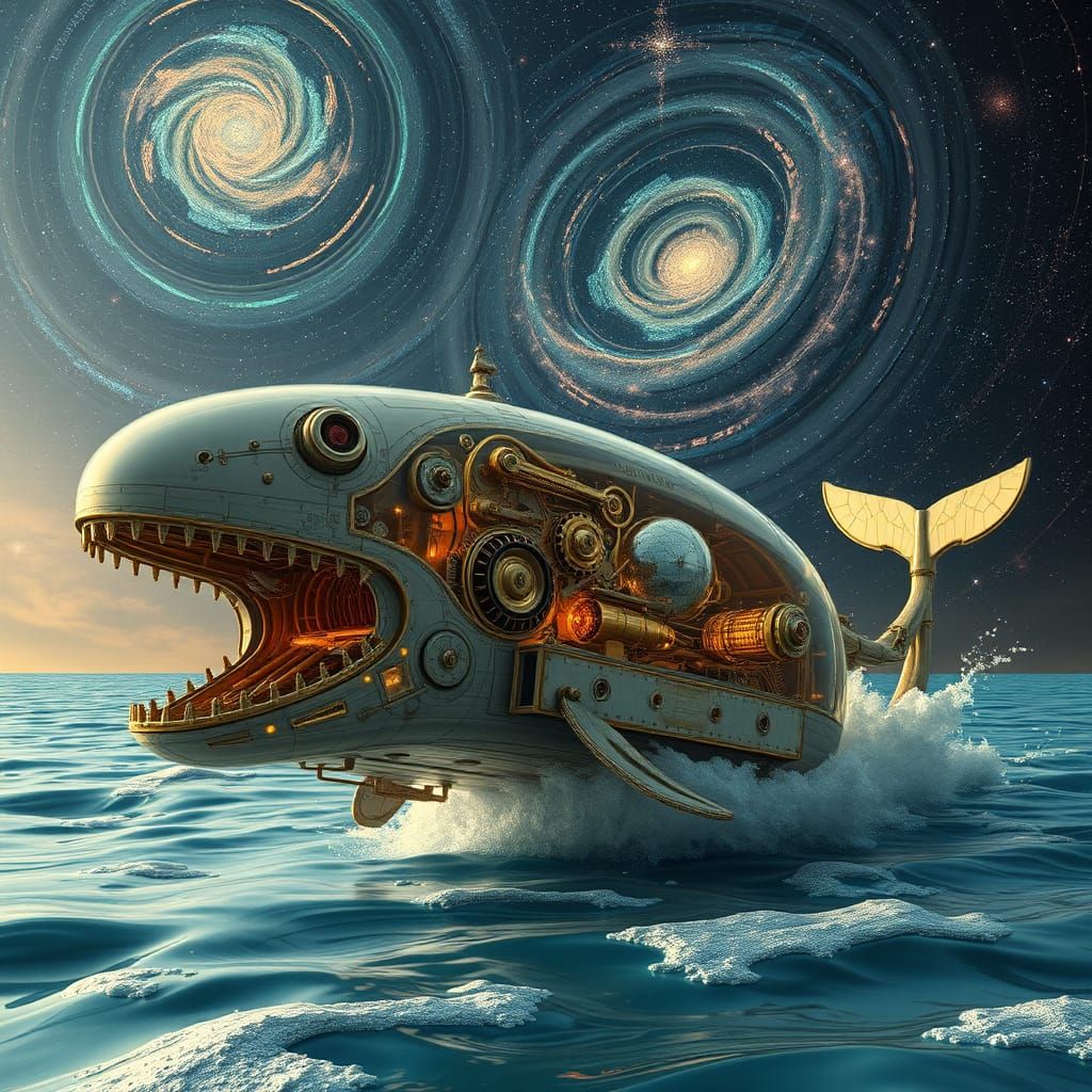 Clockwork Whale Breaches Mercury Sea Under Galactic Sky