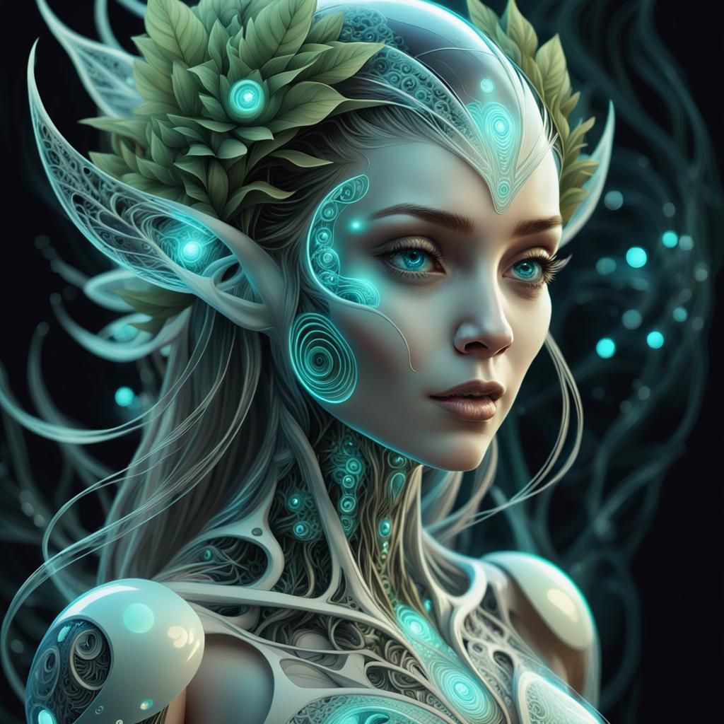 Bioluminescent Alien Elf Portrait in High-Tech Setting