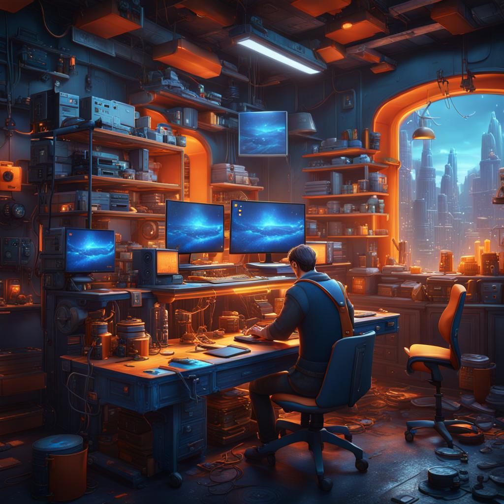 Modern Laptop Repair Shop in Detailed Matte Painting