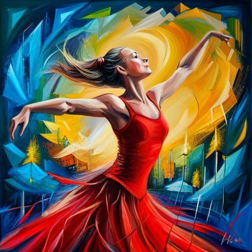 Ballerina's Abstract Dance in a Park as Oil Painting