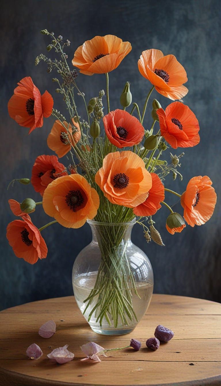 Whimsical Poppies in Glass Vase, Encaustic Watercolor