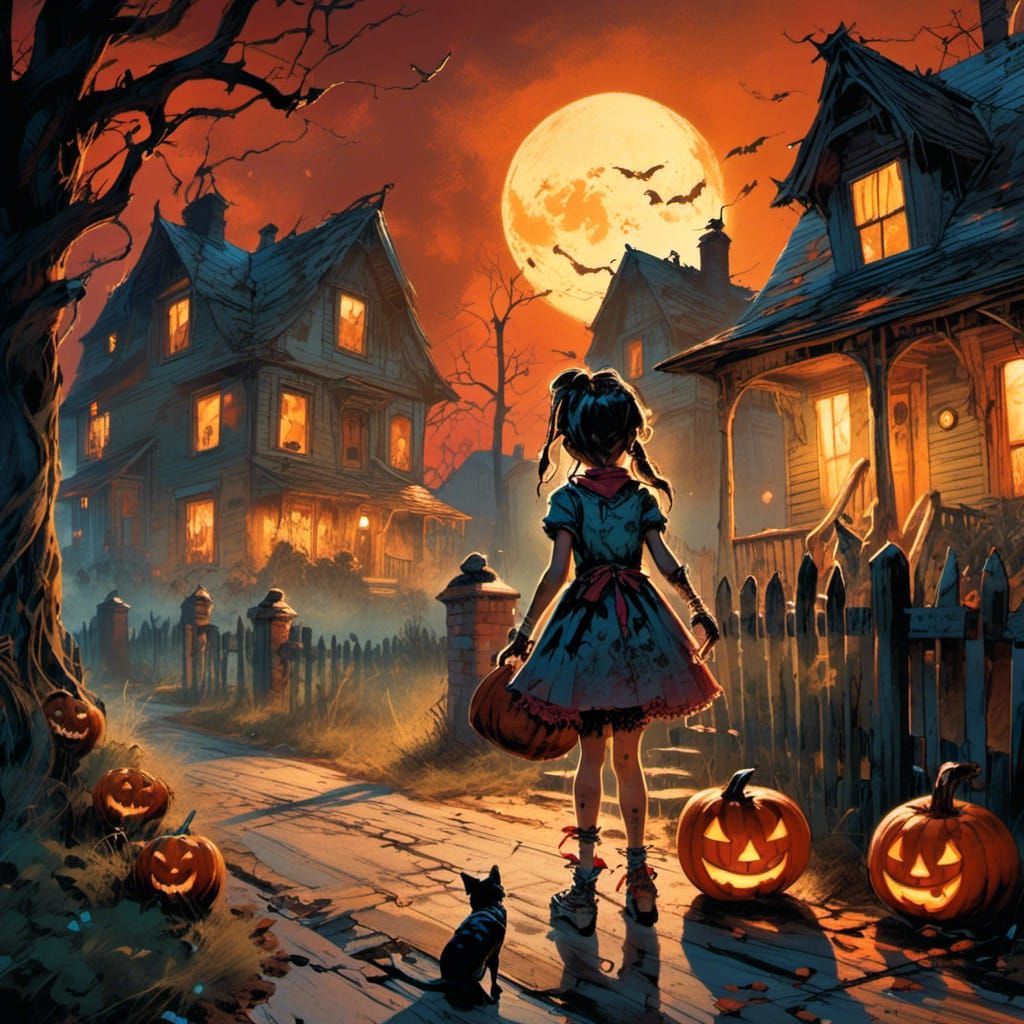 Halloween Night: A Whimsical Oil Painting