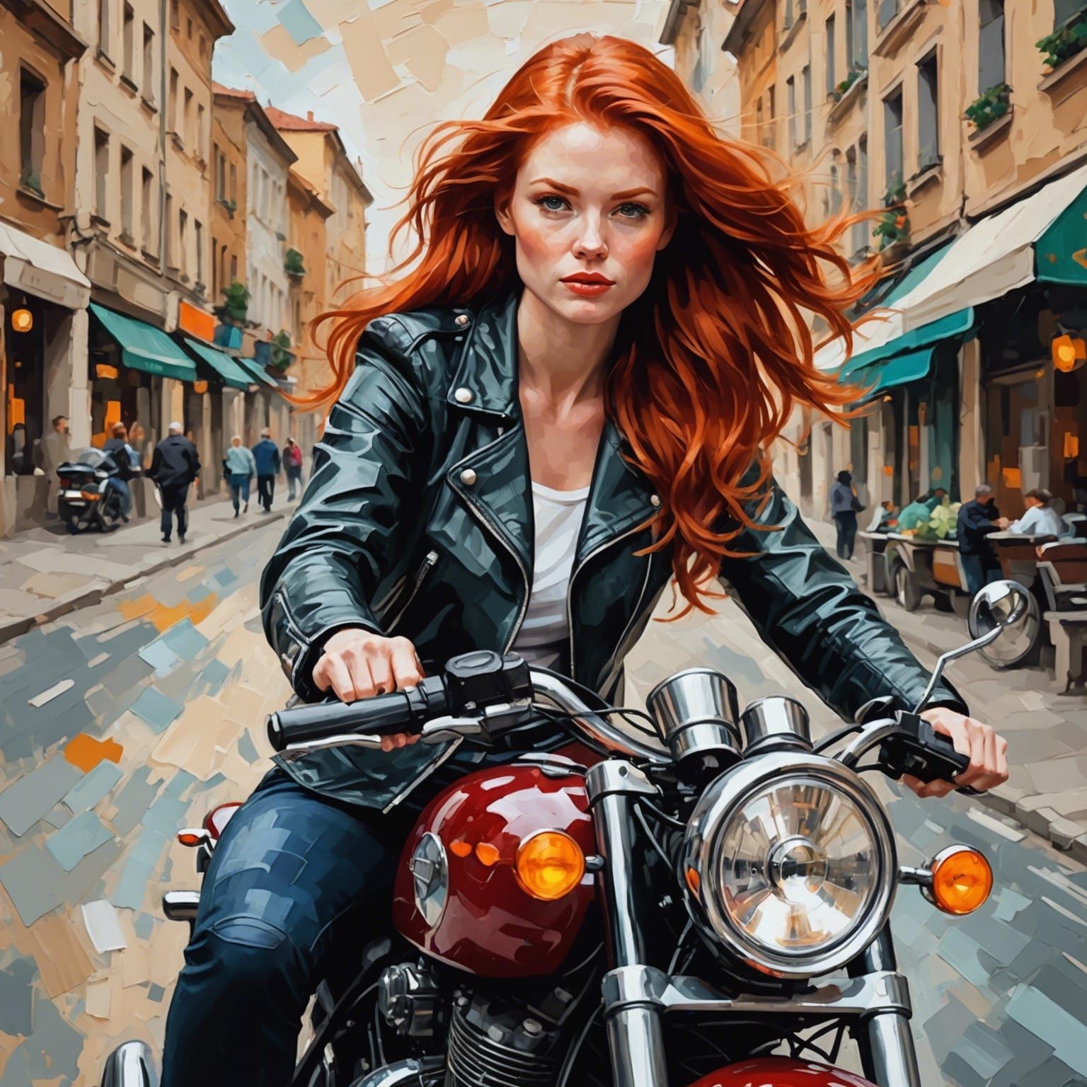 Redhead Woman Rides Motorcycle as Impasto Painting