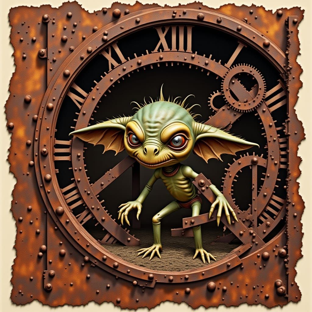Surreal Gremlin Clock Tower Scene in Vintage Style