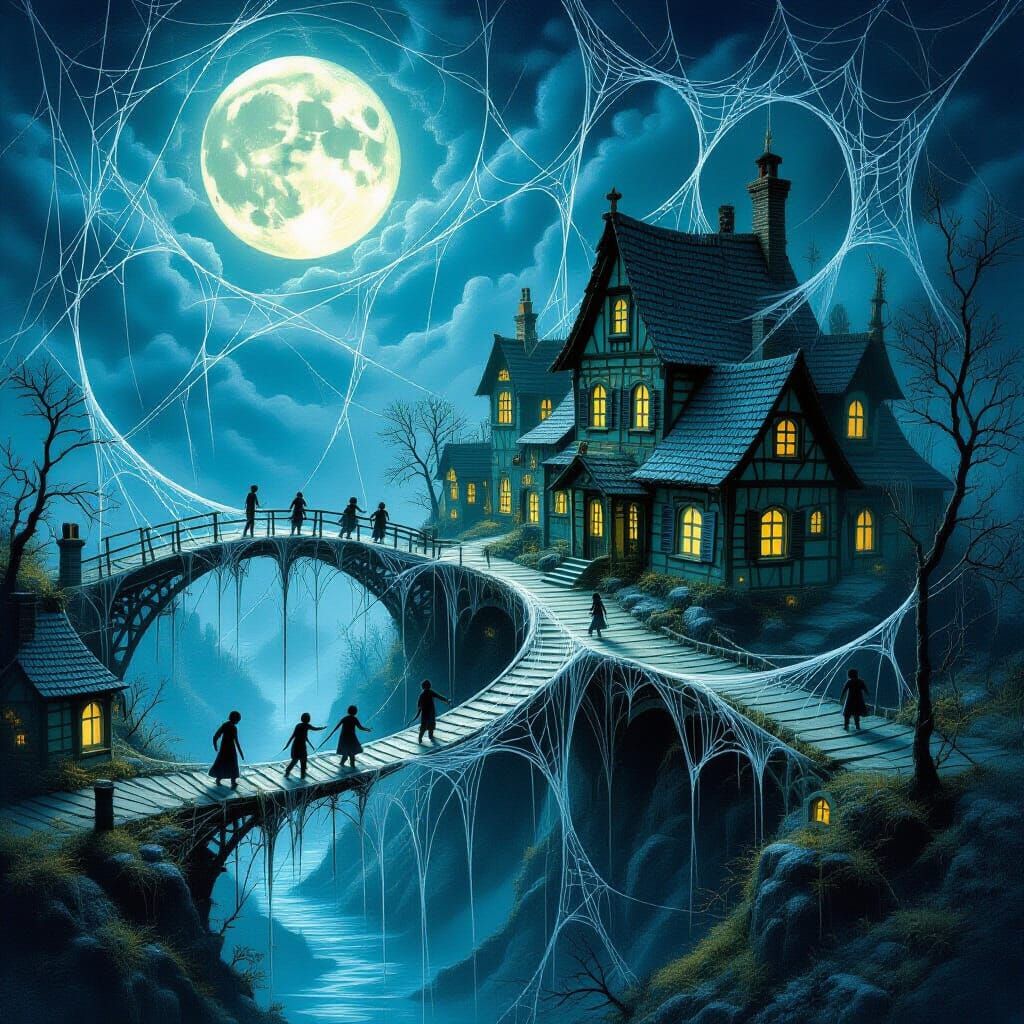 Surreal Spiderweb Village Under Ethereal Moonlight