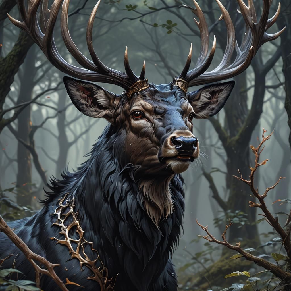 Monster Deer Portrait in Hyperdetailed Splash Art Style