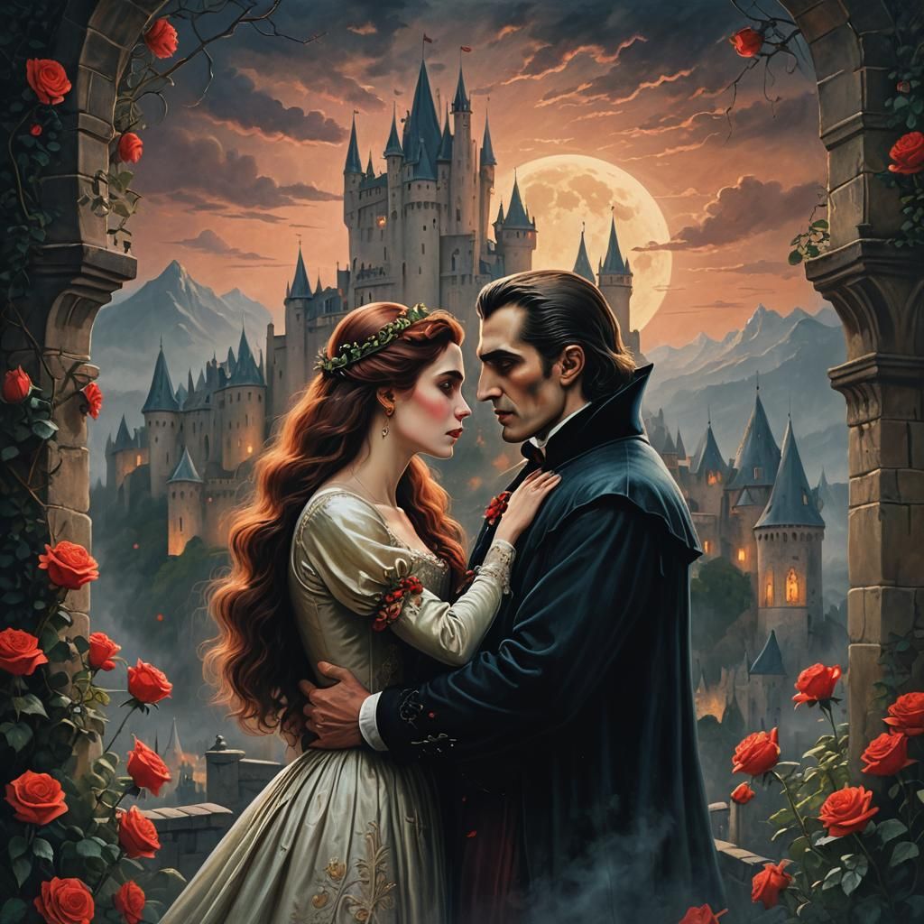 Dracula and Wife Embrace Before Castle, Pre-Raphaelite Art