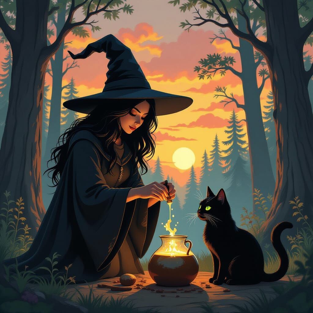 Mystical Witch Potion in Forest, Mystical Realism Style