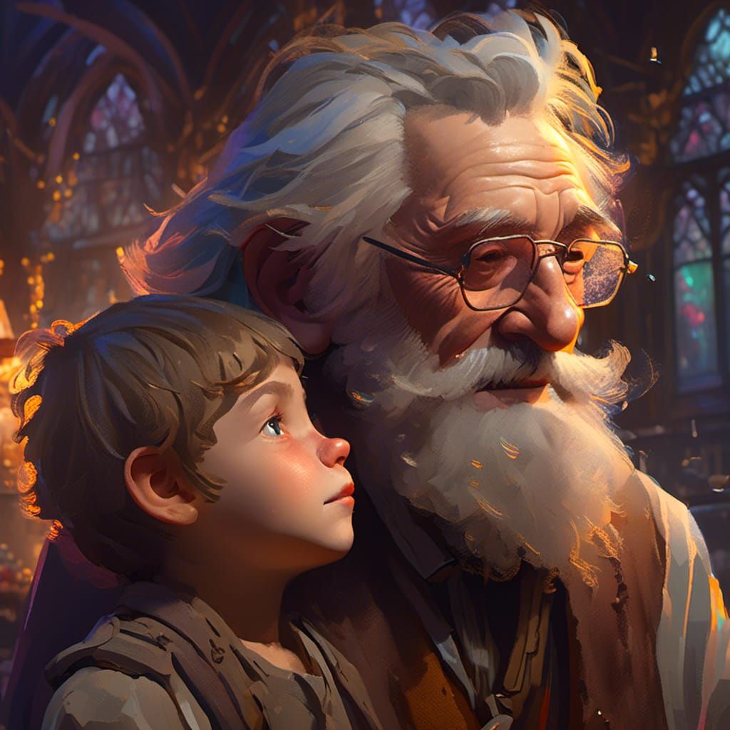 Stern Old Man and Grandson Portrait in 8k