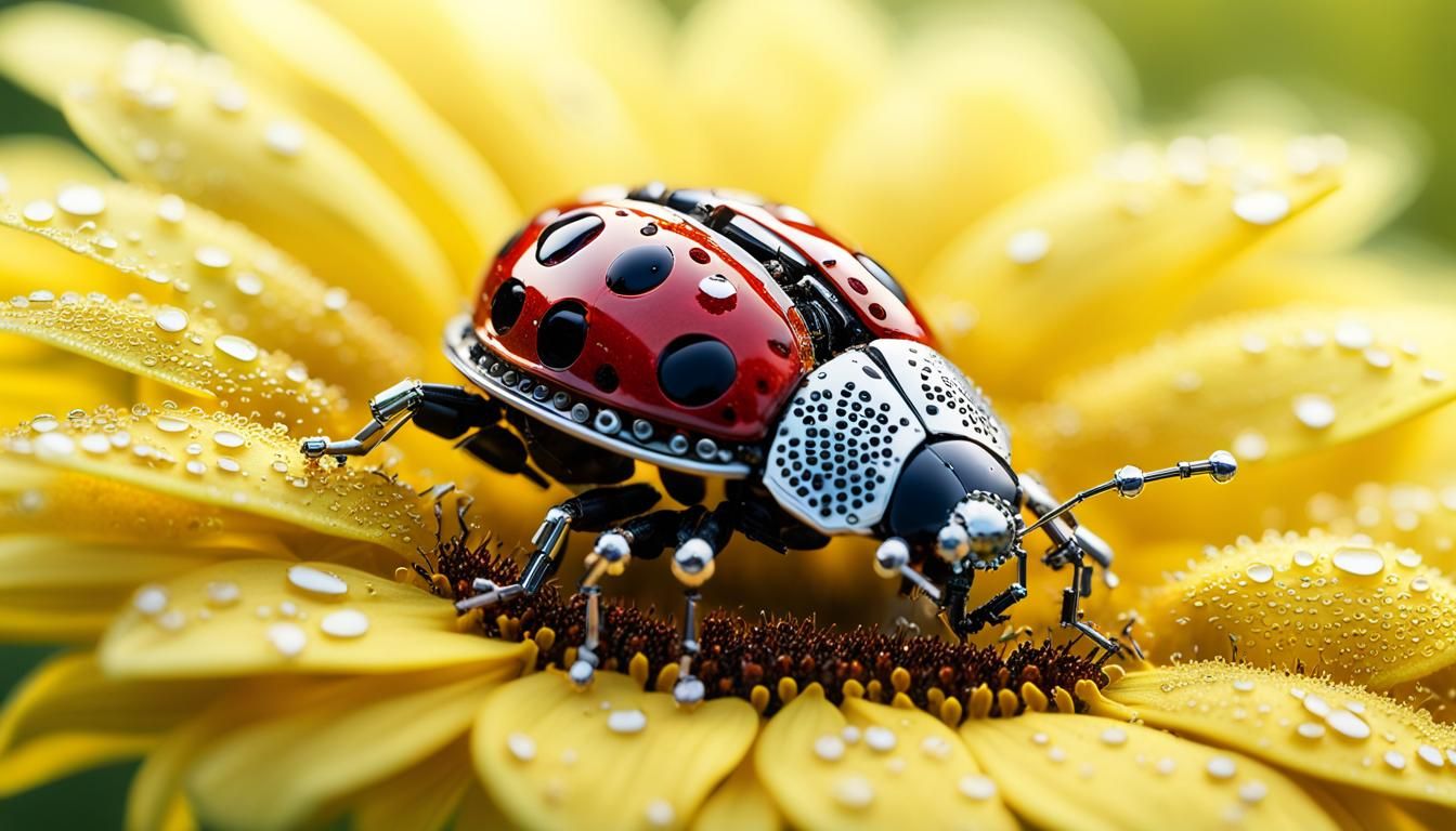 Robotic Ladybug on Sunflower Petal in Cartoon Style